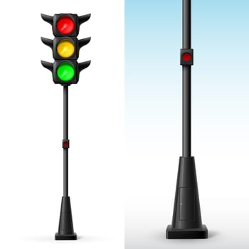 Traffic light with all colors on with button for pedestrians