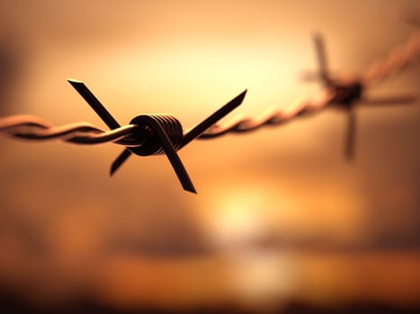 Barbed wire with depth of field with the sunset in the background.