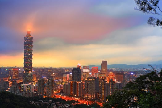 Taipei, Taiwan evening skyline.