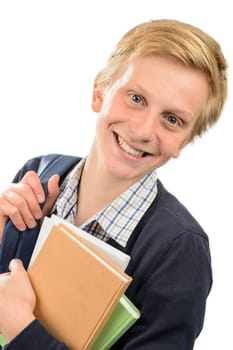 Happy teenage student boy holding books against white background