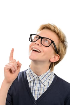 Cheerful boy wearing geek glasses having idea against white background