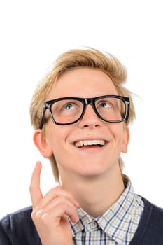 Happy boy wearing geek glasses having idea against white background