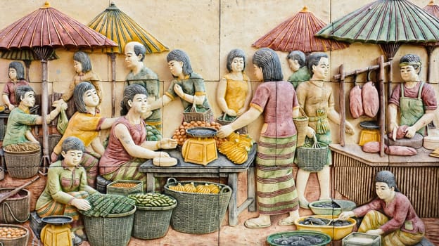Stone carving of Thai rural fresh market