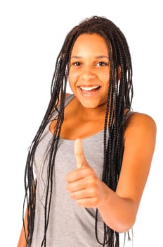 Young african girl with black dreadlocksdoing thumbs up gesture, isolated over white background.