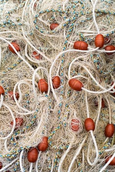 Fishing net on pier close up shoot