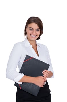 Young laughing businesswoman with dark hair isolated against white background