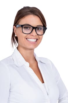 Young laughing businesswoman with dark hair isolated against white background