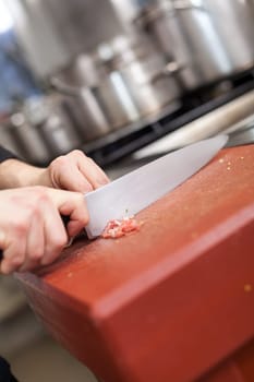 chef cuts fresh red meat in the restaurant kitchen gastronomy food work cooking
