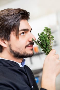 young chef in the restaurant kitchen with fresh arümatic spices