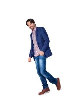 Young man in trendy casual look with dark hair and beard isolated against a white background