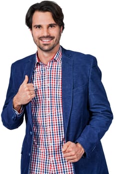 Young man in trendy casual look with dark hair and beard isolated against a white background