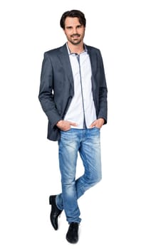 Self-proclaimed man in casual clothes with dark hair and beard isolated against a white background
