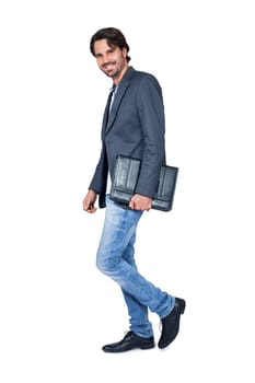 Stylish young man with dark hair and beard successfully isolated against white background