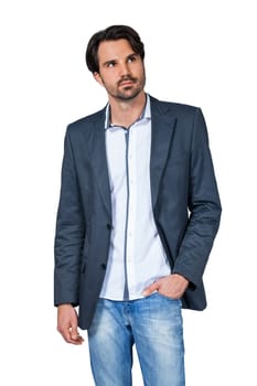 Self-proclaimed man in casual clothes with dark hair and beard isolated against a white background