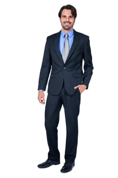Self-proclaimed young businessman with suit dark hair and beard isolated against white background