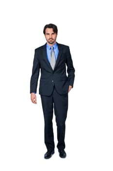 Self-proclaimed young businessman with suit dark hair and beard isolated against white background