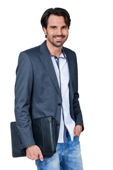 Stylish young man with dark hair and beard successfully isolated against white background