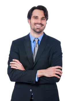 Self-proclaimed young businessman with suit dark hair and beard isolated against white background