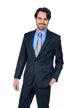 Self-proclaimed young businessman with suit dark hair and beard isolated against white background