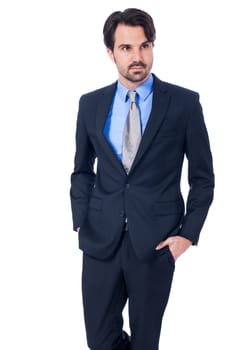Self-proclaimed young businessman with suit dark hair and beard isolated against white background