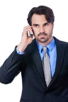 Young businessman with smartphone with dark hair and beard isolated against white background