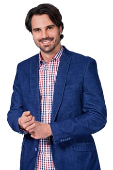 Young man in trendy casual look with dark hair and beard isolated against a white background