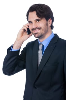 Young businessman with smartphone with dark hair and beard isolated against white background