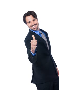 Attractive young businessman with raised thumb successfully isolated against a white background