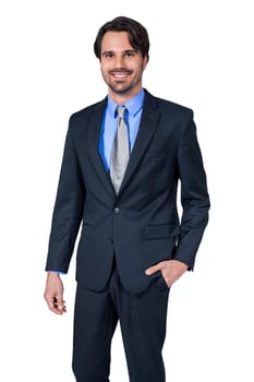 Self-proclaimed young businessman with suit dark hair and beard isolated against white background