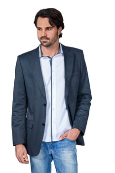 Self-proclaimed man in casual clothes with dark hair and beard isolated against a white background
