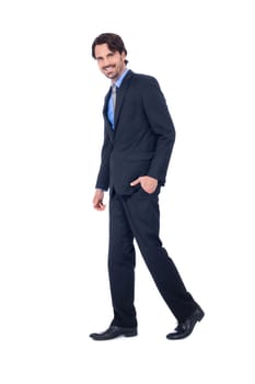 Self-proclaimed young businessman with suit dark hair and beard isolated against white background