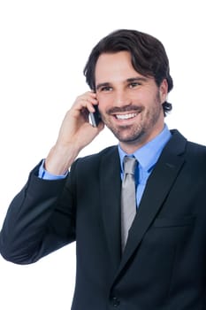 Young businessman with smartphone with dark hair and beard isolated against white background