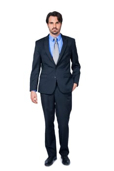 Self-proclaimed young businessman with suit dark hair and beard isolated against white background