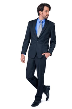 Self-proclaimed young businessman with suit dark hair and beard isolated against white background