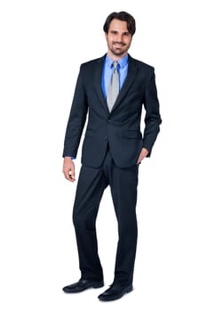 Self-proclaimed young businessman with suit dark hair and beard isolated against white background