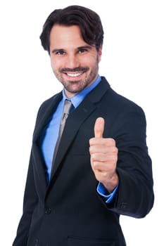 Attractive young businessman with raised thumb successfully isolated against a white background