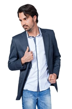 Self-proclaimed man in casual clothes with dark hair and beard isolated against a white background