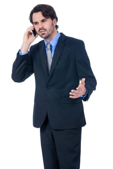 Young businessman with smartphone with dark hair and beard isolated against white background