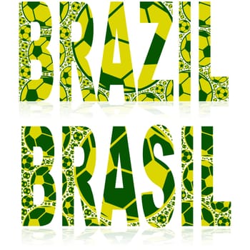 Concept illustration showing the word Brazil (with its equivalent Brasil in the country's Portuguese language) made up of green and yellow soccer balls