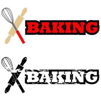 Icon illustration showing some kitchen utensils beside the word Baking