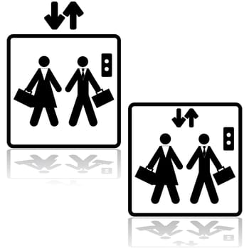 icon illustration showing a businessman and a businesswoman inside an elevator