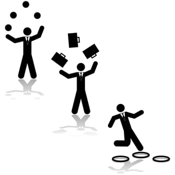 Concept illustration showing a businessman juggling balls, suitcases or jumping through hoops