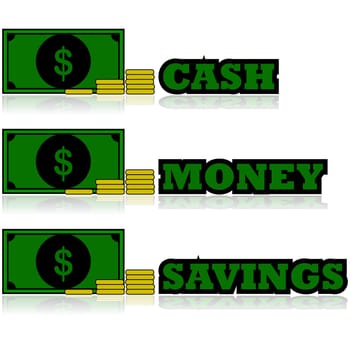 Cartoon illustration showing a bill with some coins and words like cash, money and savings