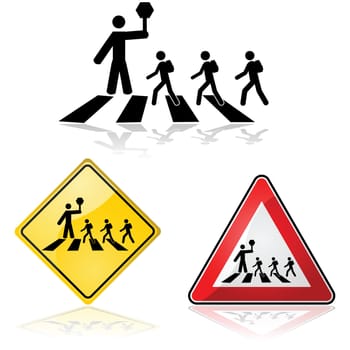 Icon illustration showing a crossing guard with a stop sign and children crossing the street