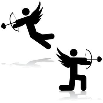 Icon illustration showing a cupid stick figure aiming an arrow with a heart-shaped tip