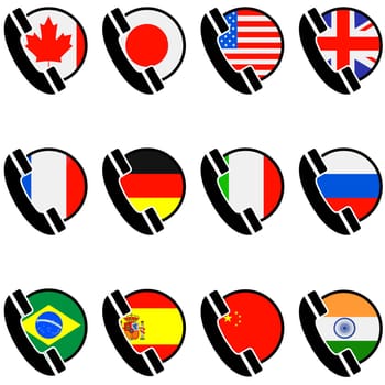 Icon set showing a phone handset along with flags for different countries