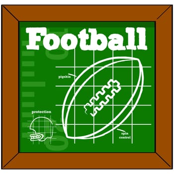 Cartoon illustration showing a blackboard with instructions about a football and a helmet