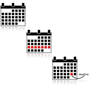 Icon set showing calendars, with one of them highlighting a special week and another one highlighting a deadline.
