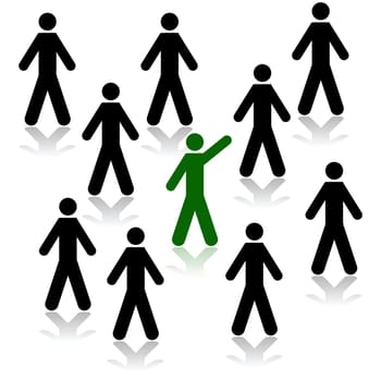 Concept illustration showing one man lifting his hand amid several other men