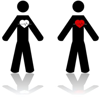 Concept illustration showing a man with an apparent heartbeat, and the heart in white or red